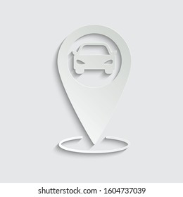 paper car vector icon;  black map pointer with car symbol