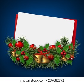 Paper card background with fir twigs and red baubles. Red bells. Christmas vector illustration. Eps10. 