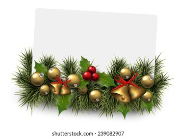 Paper card background with fir twigs and golden baubles. Jingle bells. Christmas vector illustration. Eps10. 