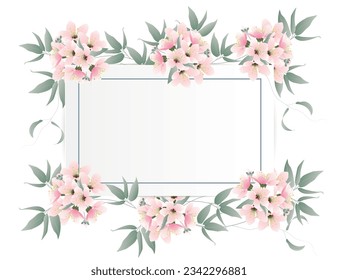 Paper card frame decorated with pink flowers bunch on white background. Vector illustration.