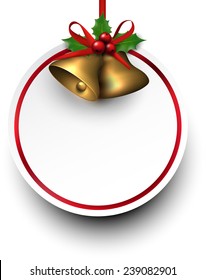 Paper card with golden christmas bells. Holly berries. Vector illustration. 