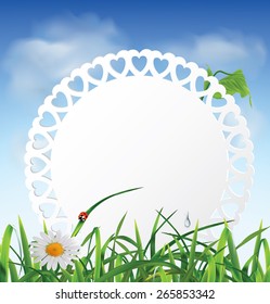 Paper card in the grass against the sky. Vector illustration