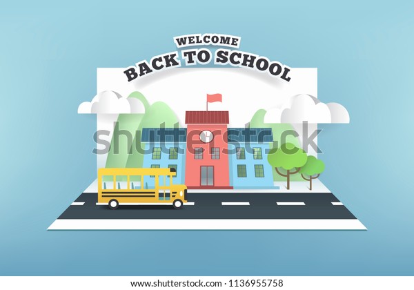 Paper card of school and bus running on the road,\
back to school concept.\
vector