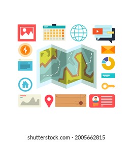 Paper card with set of elements. Color flat illustration.