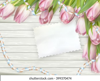 Paper card with tulips on wooden background. EPS 10 vector file included