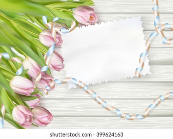 Paper card with tulips on wooden background. EPS 10 vector file included