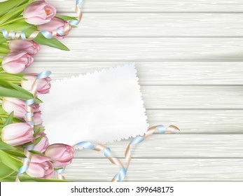 Paper card with tulips on wooden background. EPS 10 vector file included