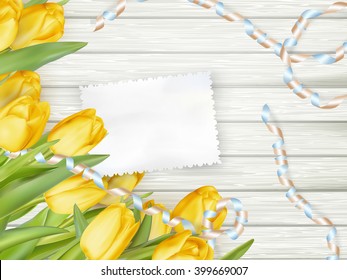 Paper card with tulips on wooden background. EPS 10 vector file included