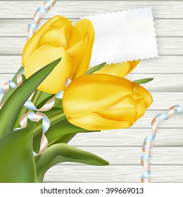 Paper card with tulips on wooden background. EPS 10 vector file included