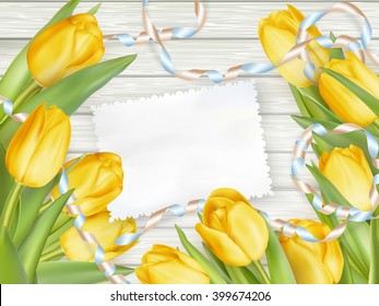 Paper card with tulips on wooden background. EPS 10 vector file included
