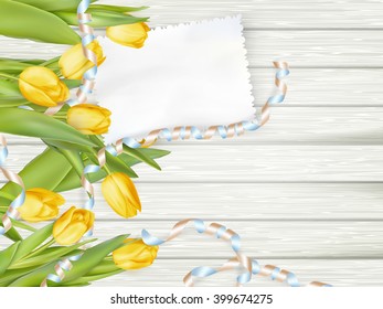 Paper card with tulips on wooden background. EPS 10 vector file included