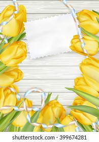 Paper card with tulips on wooden background. EPS 10 vector file included