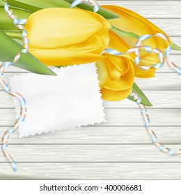 Paper card with tulips on wooden background. EPS 10 vector file included