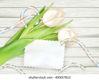 Paper card with tulips on wooden background. EPS 10 vector file included