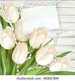 Paper card with tulips on wooden background. EPS 10 vector file included