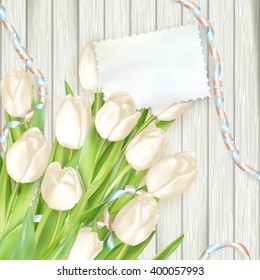 Paper card with tulips on wooden background. EPS 10 vector file included