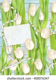 Paper card with tulips on wooden background. EPS 10 vector file included