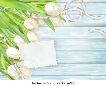Paper card with tulips on wooden background. EPS 10 vector file included