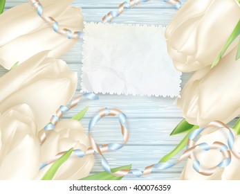 Paper card with tulips on wooden background. EPS 10 vector file included