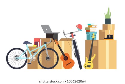 Paper cardboard boxes with various household thing. Family moving into new house. Cartoon vector concept cardboard box for relocation house, package for transportation illustration