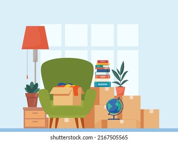 Paper cardboard boxes with various household thing. Moving to new house. Family relocated to new home. Package for transportation. Things, clothes, furniture, books. Vector illustration