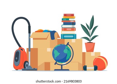 Paper cardboard boxes with various household thing. Moving to new house. Family relocated to new home. Package for transportation. Things, clothes, furniture, books. Vector illustration