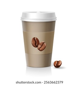 Paper cardboard cup for fast-food drink. Eco carton mug with coffee beans illustration. Realistic trendy utensil for coffeeshop. Recycling cardboard container. Tableware mock-up. Isolated white.