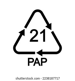 Paper or cardboard recycling sign. 21 PAP in triangular shape with arrows. Reusable icon isolated on white background. Environmental protection pictogram. Vector graphic illustration svg