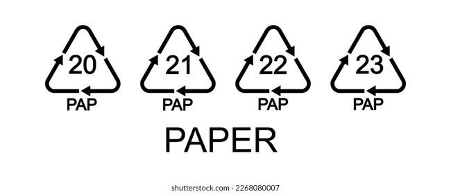 Paper or cardboard recycling signs. 20, 21, 22, 23 PAP in triangular shapes with arrows. Reusable icons isolated on white background. Environmental protection pictograms. Vector graphic illustration svg