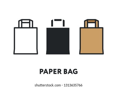 Paper Cardboard Shopping Bag. Plastic Free Recycling. Vector Flat Line Stroke Icon.
