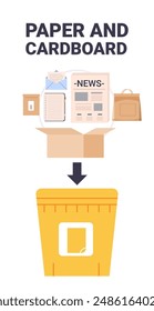 Paper and cardboard waste sorting concept Various paper items like newspaper notebook and envelope being sorted into a yellow recycling bin