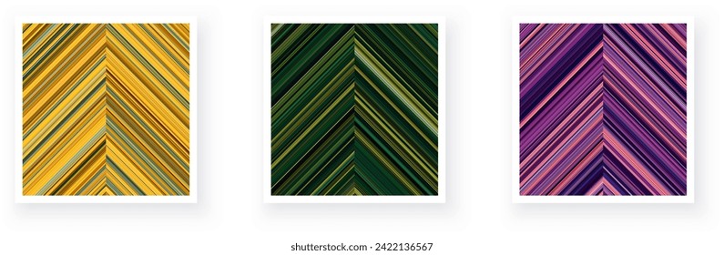 Paper cards with chevron striped geometric detailed patterns. Thin stripes, yellow, green, purple minimal line backgrounds. Vector poster illustration.