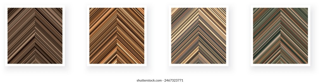 Paper cards with chevron striped geometric detailed patterns. Thin stripes, wood, brown minimal line backgrounds. Vector poster illustration.