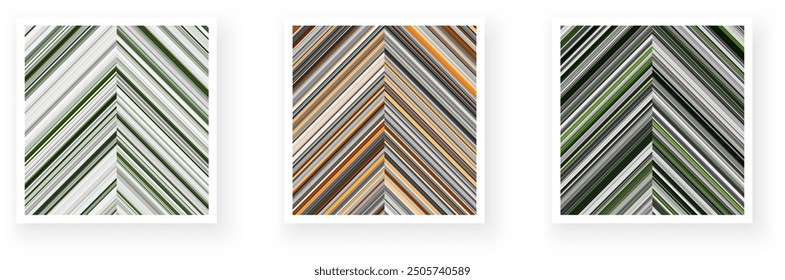 Paper cards with chevron striped geometric detailed patterns. Thin stripes, green, orange minimal line backgrounds. Vector poster illustration.