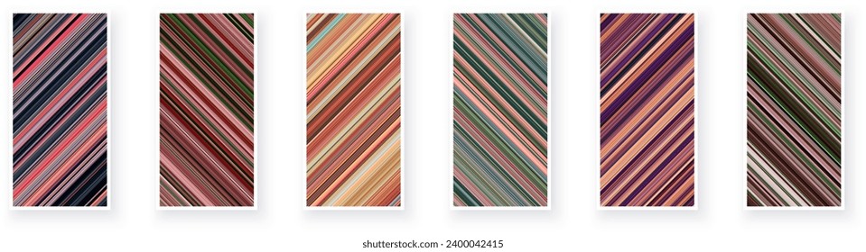 Paper cards with diagonal striped geometric patterns. Thin stripes, brown, pink minimal line backgrounds. Vector poster illustration.