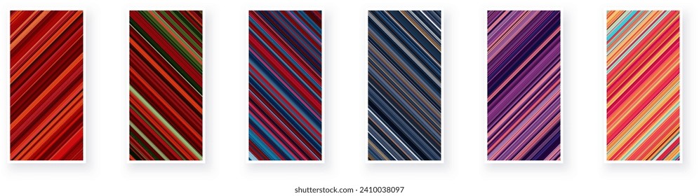 Paper cards with diagonal striped geometric patterns. Thin stripes, red, purple minimal line backgrounds. Vector poster illustration.