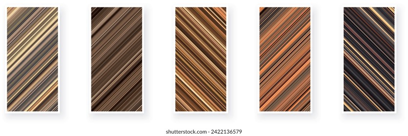 Tarjetas de papel con patrones geométricos diagonales rayados. Rayas finas, tonos marrones y anaranjados minimalistas. Ilustración de póster vectorial.