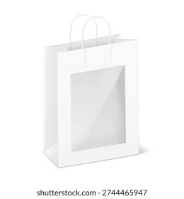 Paper carrier bag with transparent window and twisted handle mockup. Vector illustration isolated on white background. Easy to use for presentation your gift, product, idea, promo, design. EPS10.