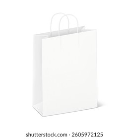 Paper carrier bag with twisted handle mockup. Vector illustration isolated on white background. Easy to use for presentation your product, idea, promo, design. EPS10.	