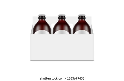 Paper Carrier Packaging Box Mockup With Dark Amber Glass Small Beer Bottles, Isolated on White Background. Vector Illustration svg