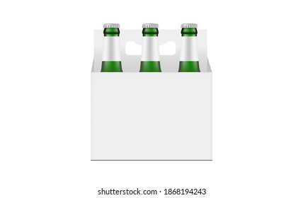 Paper Carrier Packaging Box Mockup With Green Glass Beer Bottles Isolated on White Background. Vector Illustration svg