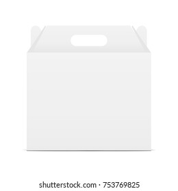 Paper carton box with handle - front view. Present your design on this sample. Vector illustration