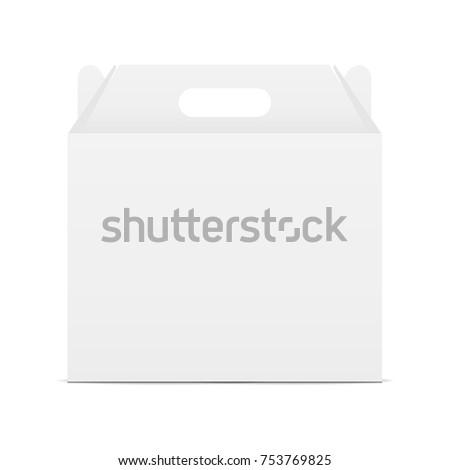 Paper carton box with handle - front view. Present your design on this sample. Vector illustration