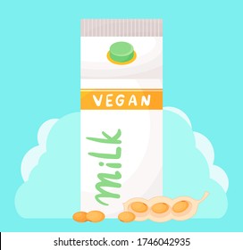 Paper, carton pack, box with plastic cap. Vegan soy milk at turquoise, cloud background. Natural milk product. Illustration in cartoon style. Soybean pods near pack. Organic dairy free product