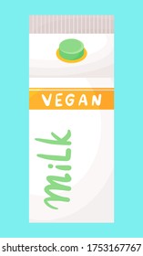 Paper or carton pack, box with plastic cap. Vegan milk at turquoise background. Natural milk product. Illustration in cartoon style. Organic dairy free product, nut or soy milk, flat style, isolated