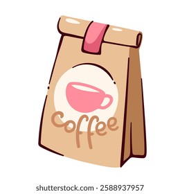 Paper cartoon closed bag with Coffee text and pink cup on label. Funny brown takeaway craft package, disposable pouch. Delivery, storage packet mascot, cartoon cute bag for product vector illustration