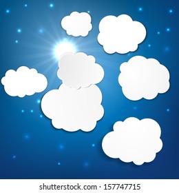 Paper cartoon clouds background with place for text, background of the Sun