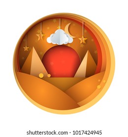 Paper cartoon desert illustration. Sun, cloud, star hill Vector eps 10