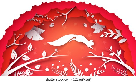 Paper cartoon landscape. Squirrel illustration. Vector eps 10