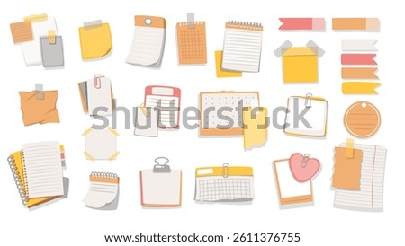 Paper cartoon stickers and labels for notes set. Funny blank memo pages, notepad sheets attach with binder clip, adhesive tape. Note, stationery mascots, cartoon collection vector illustration